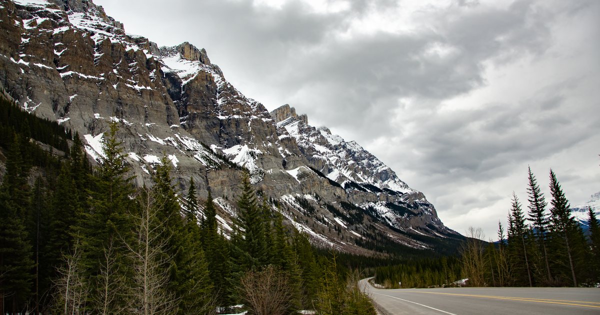 A road and fir trees beneath snow-covered Canadian mountains